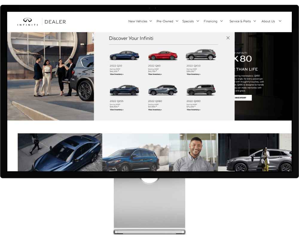Desktop frame with screenshot of INFINITY Dealer website