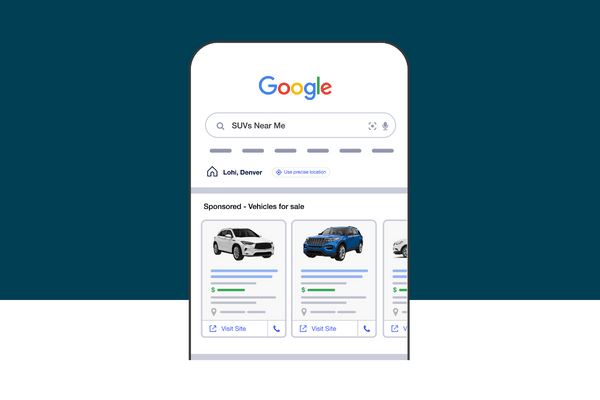 Google search results showing sponsored vehicle listings for SUVs near a shopper’s location, highlighting high-intent buyers viewing dealership inventory.