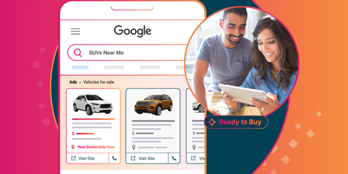 Google vehicle listing ads displaying SUVs for sale with pricing, dealership information, and call-to-action buttons for visiting the site or scheduling a test drive.
