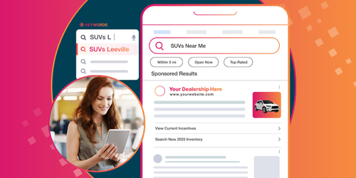 Mobile search results for “SUVs near me” featuring sponsored dealership listings, inventory previews, and shopper intent signals.