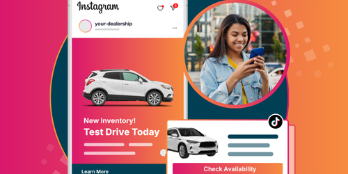 Automotive social media ads on Instagram and Facebook promoting new vehicle inventory and test drive offers, with a shopper engaging on a mobile phone.