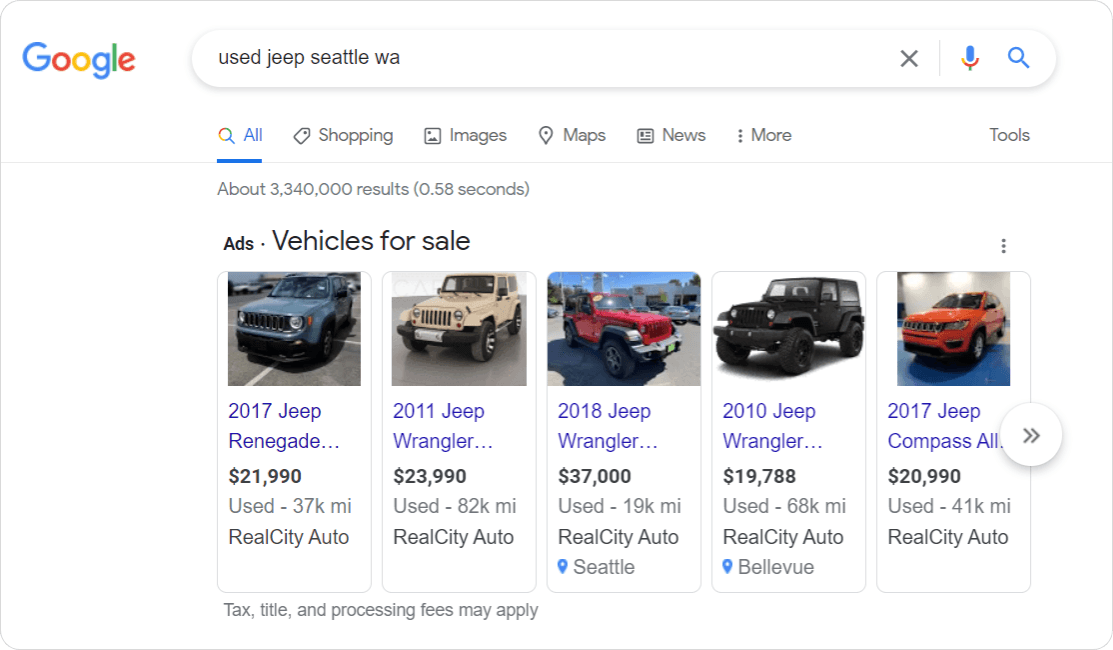 Screenshot of Google Vehicle Ads in Google Search Results page