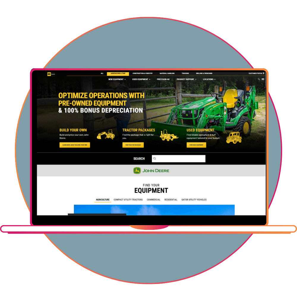 Heavy equipment dealership website showcasing John Deere tractors and pre-owned equipment inventory on a desktop screen.