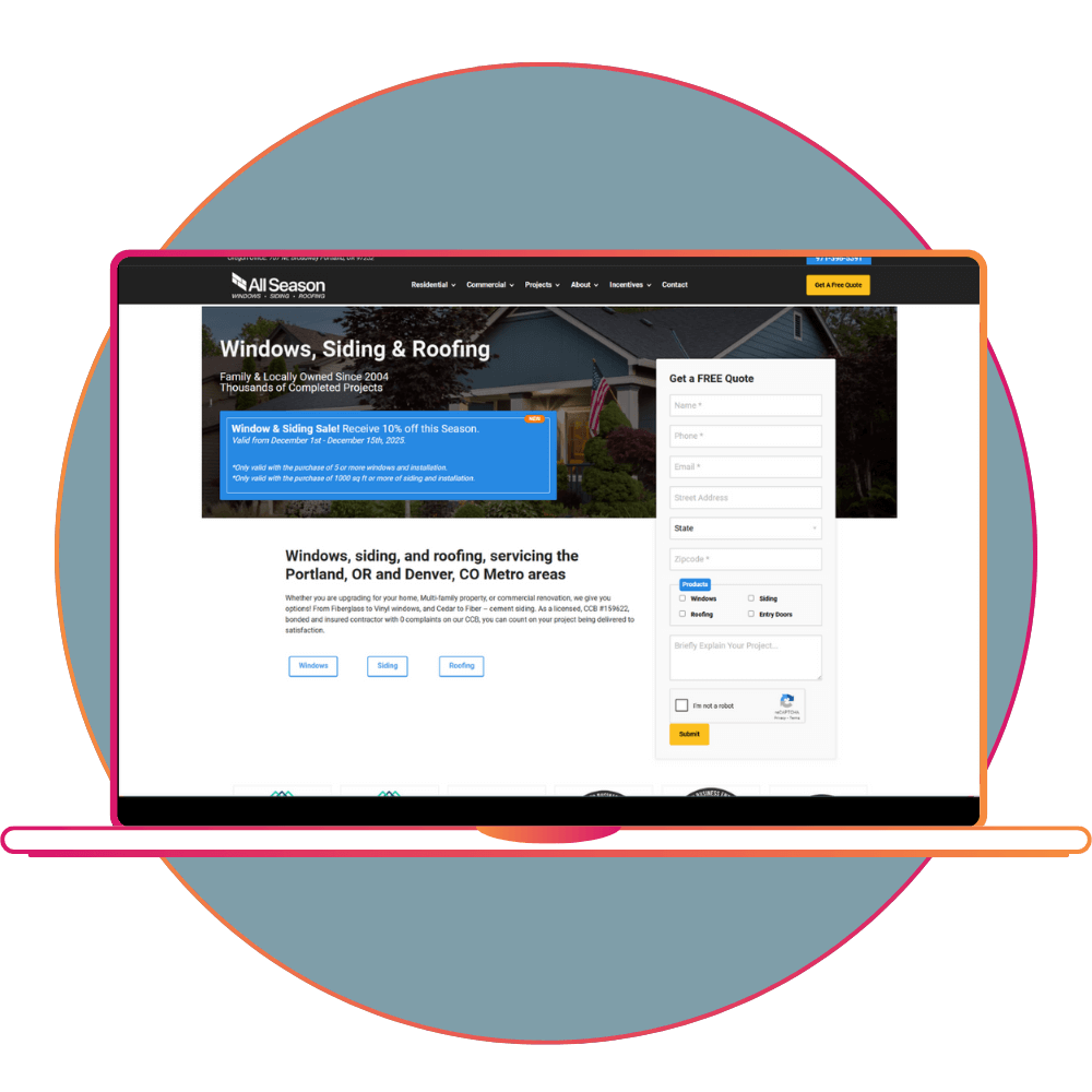 Home services company website featuring windows, siding, and roofing services with a lead capture form displayed on a desktop screen.