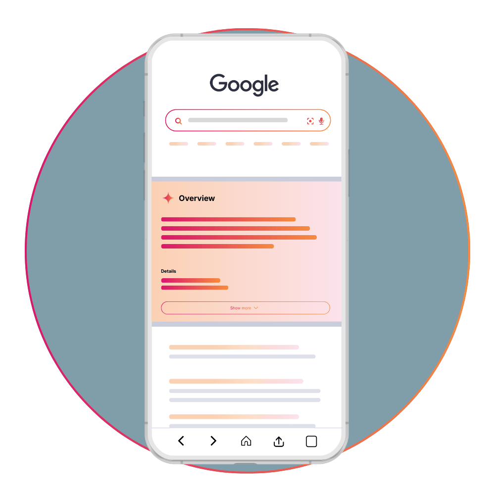 Illustration of a Google search results page optimized for SEO and AEO, highlighting structured overview content and enhanced search visibility.