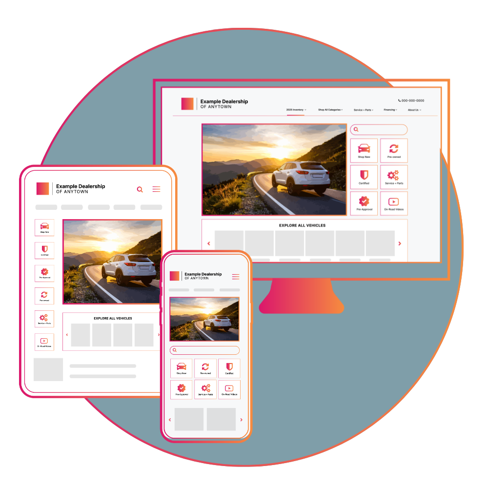 Responsive dealership website displayed on desktop, tablet, and mobile devices, showcasing a high-performance web experience designed to attract and convert shoppers.