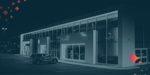 Modern car dealership building at night with illuminated showroom windows and parked vehicles outside.