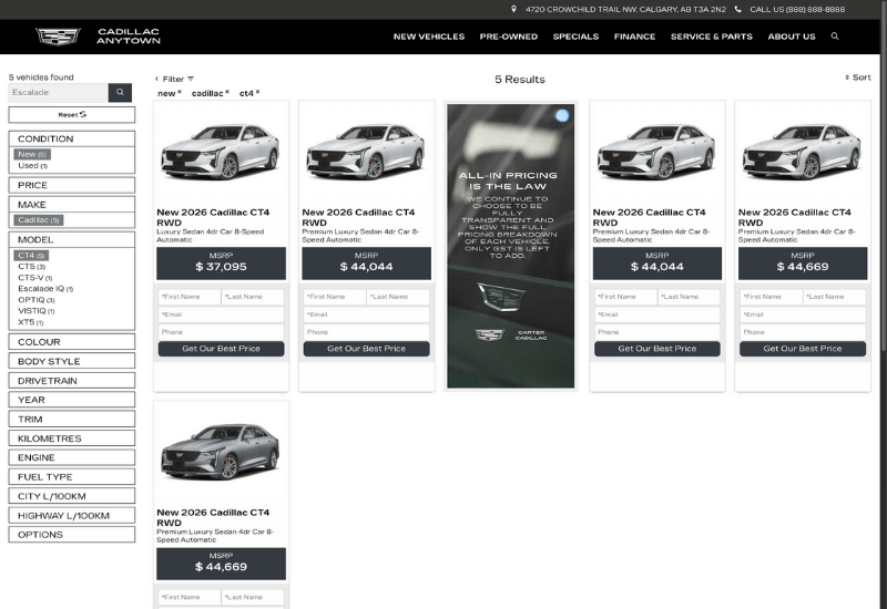 Screenshot of a Catalyst IQ Cadillac website