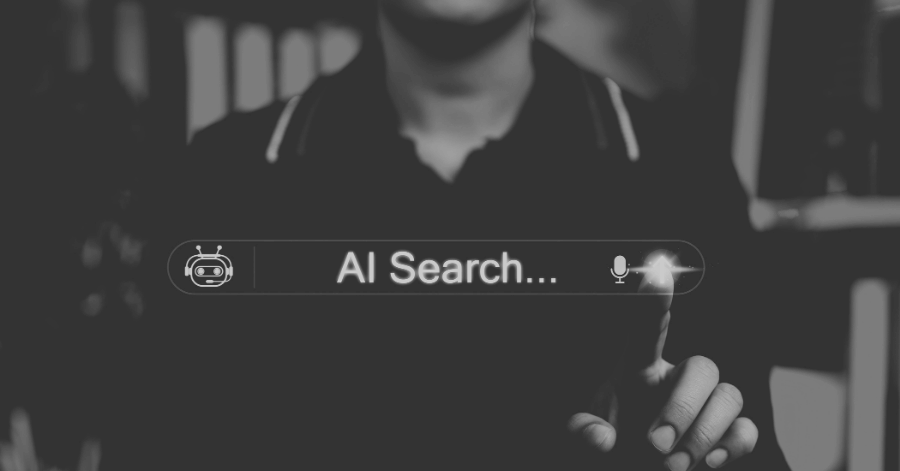 AI search engine technology concept. Woman interacts with search bar AI Search representing artificial intelligence, chatbot, data cloud, global connectivity and future search engine innovation. AEO, GEO