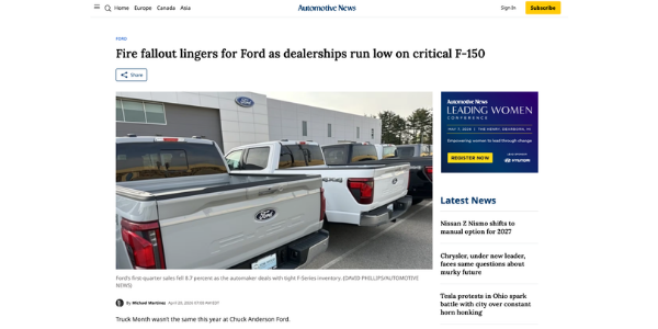 Auto News - Fire fallout lingers for Ford as dealerships run low on critical F-150