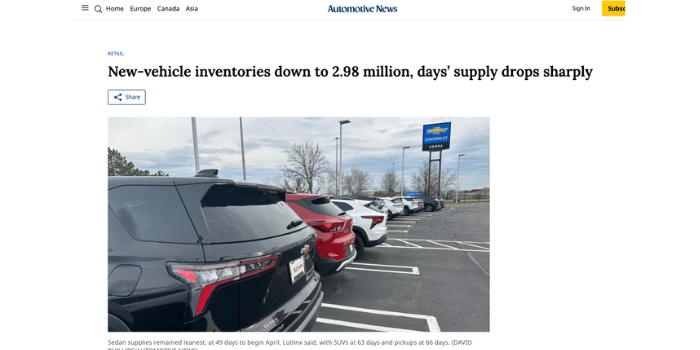 New-vehicle inventories down to 2.98 million, days’ supply drops sharply