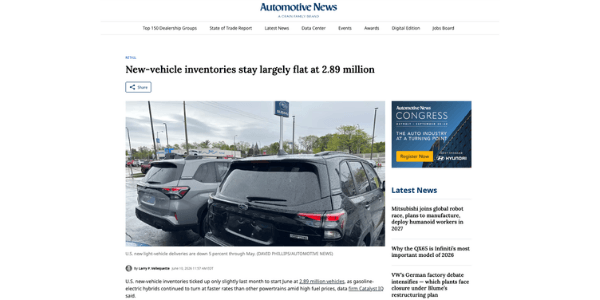 New-vehicle inventories stay largely flat at 2.89 million