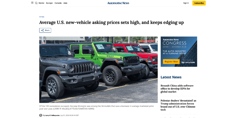 Average U.S. new-vehicle asking prices sets high, and keeps edging up