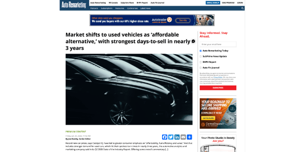 Auto Remarketing- Market shifts to used vehicles as ‘affordable alternative,’ with strongest days-to-sell in nearly 3 years