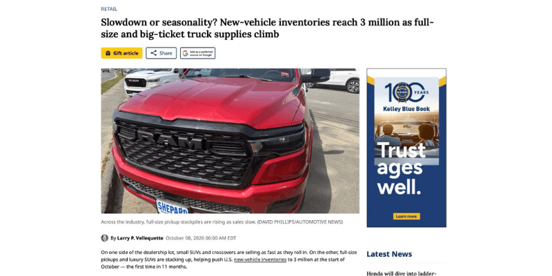 Automotive News - Slowdown or seasonality New-vehicle inventories reach 3 million as full-size and big-ticket truck supplies climb