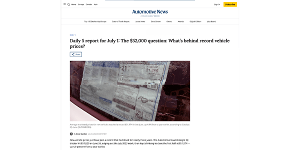 Automotive News- Daily 5 report for July 1 The $52,000 question What’s behind record vehicle prices (1)