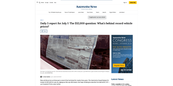 Automotive News- Daily 5 report for July 1 The $52,000 question What’s behind record vehicle prices