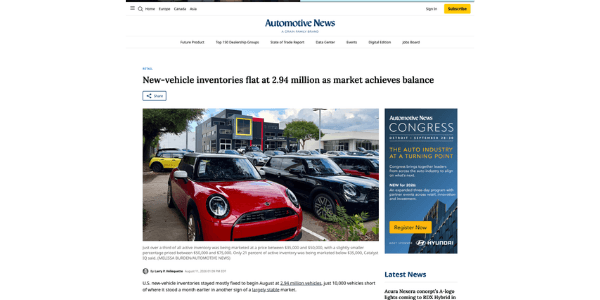 Automotive News- New-vehicle inventories flat at 2.94 million as market achieves balance