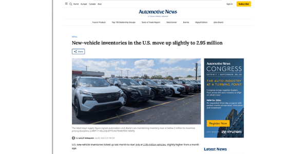 Automotive News- New-vehicle inventories in the U.S. move up slightly to 2.95 million