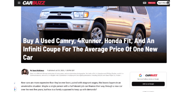 Car Buzz- Buy A Used Camry, 4Runner, Honda Fit, And An Infiniti Coupe For The Average Price Of One New Car