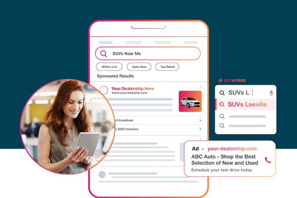 Automotive search ads targeting ‘SUVs near me,’ highlighting sponsored dealership listings and high-intent buyers searching on mobile.
