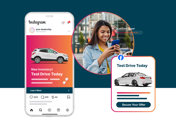 Automotive social media ads on Instagram and Facebook promoting new vehicle inventory and test drive offers to qualified buyers.
