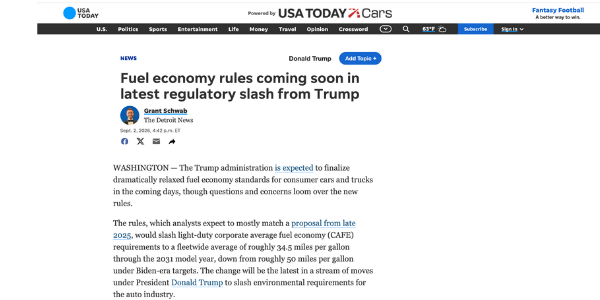 USA Today- Fuel economy rules coming soon in latest regulatory slash from Trump