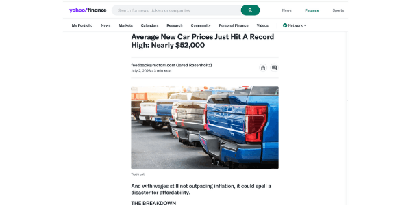 Yahoo Finance - Average New Car Prices Just Hit A Record High Nearly $52,000 (1)
